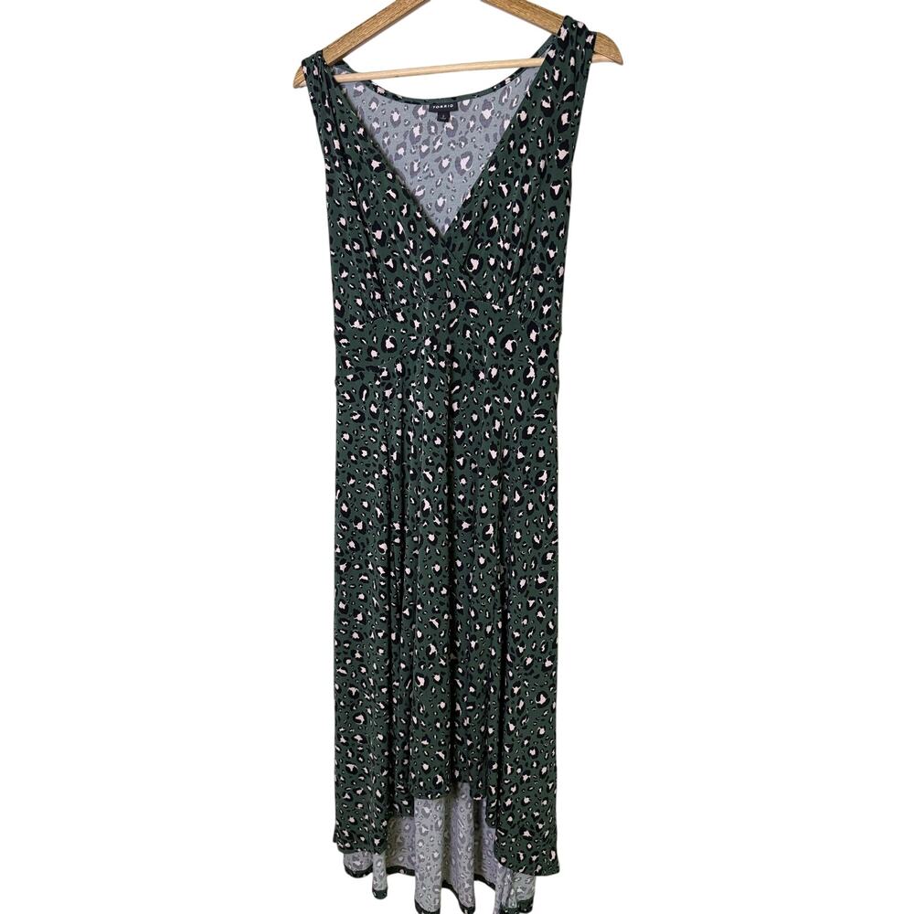 Torrid Green Leopard Print High Low Sleeveless Midi Dress Women’s 2X Belted - Picture 2 of 6